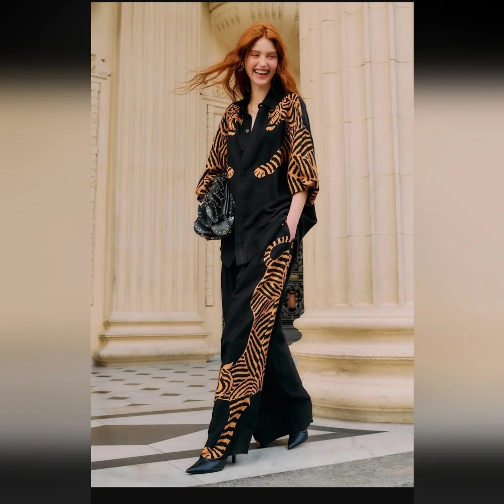 MWOT FARM RIO BLACK TIGER WIDE LEG PAMTS IN BLACK - Picture 2 of 11